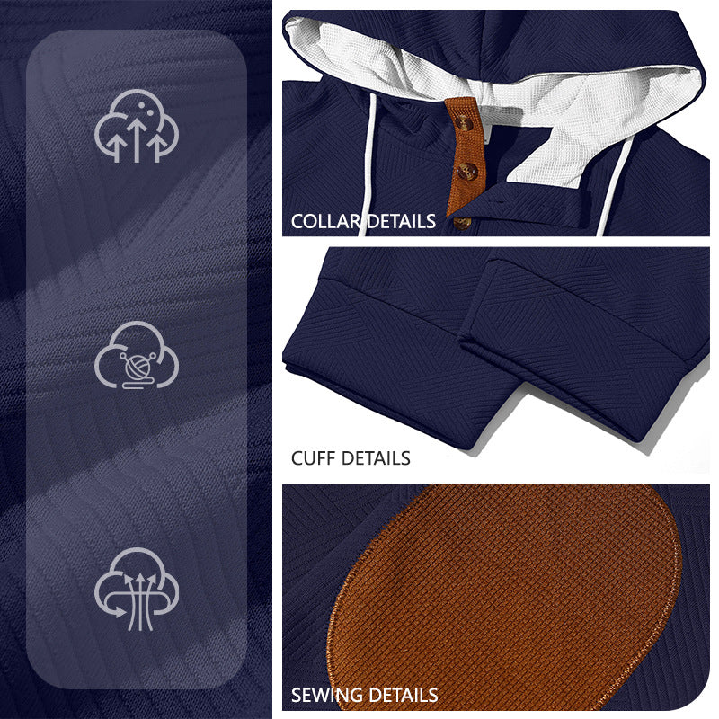 Men's textured hoodie jogging set with Henley button placket and contrast elbow patches Mune Fashion