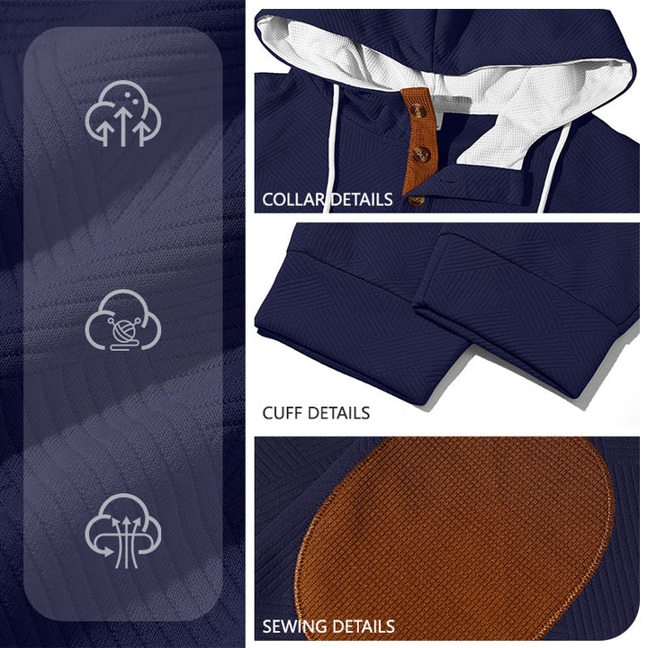 Men's textured hoodie jogging set with Henley button placket and contrast elbow patches Mune Fashion
