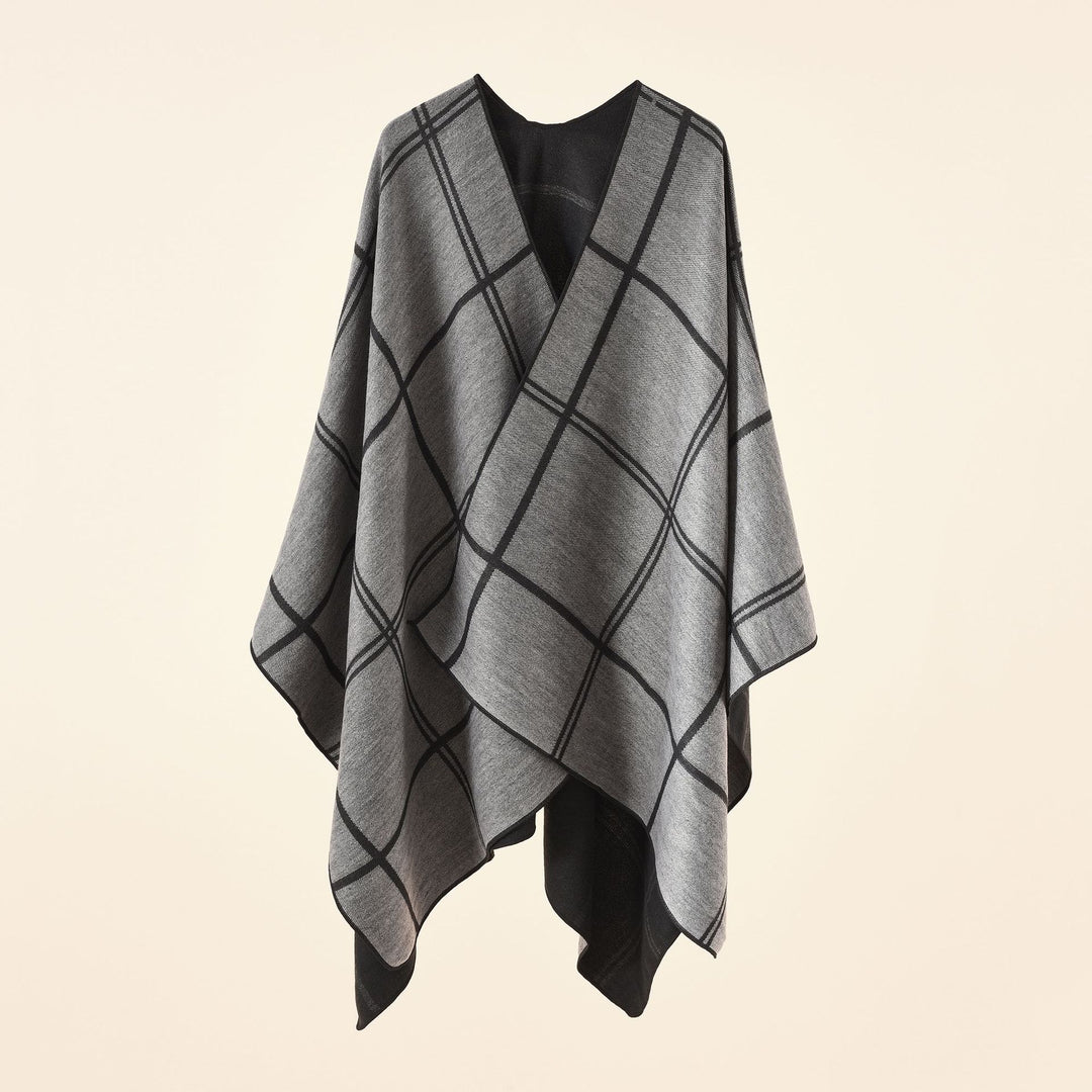 Women Light Checked Wool Blend Ruana Poncho with V-Neck Mune Fashion