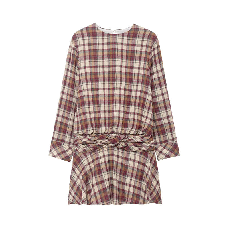Ladies' checked mini dress with twisted waist band and flared skirt Mune Fashion