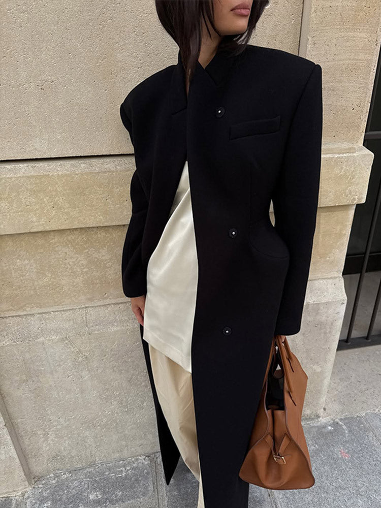 Women's Sculptural Midi Coat with Distinctive Shoulder Design and Concealed Button Placket Mune Fashion
