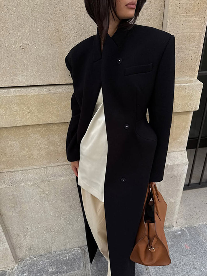 Women's Sculptural Midi Coat with Distinctive Shoulder Design and Concealed Button Placket Mune Fashion