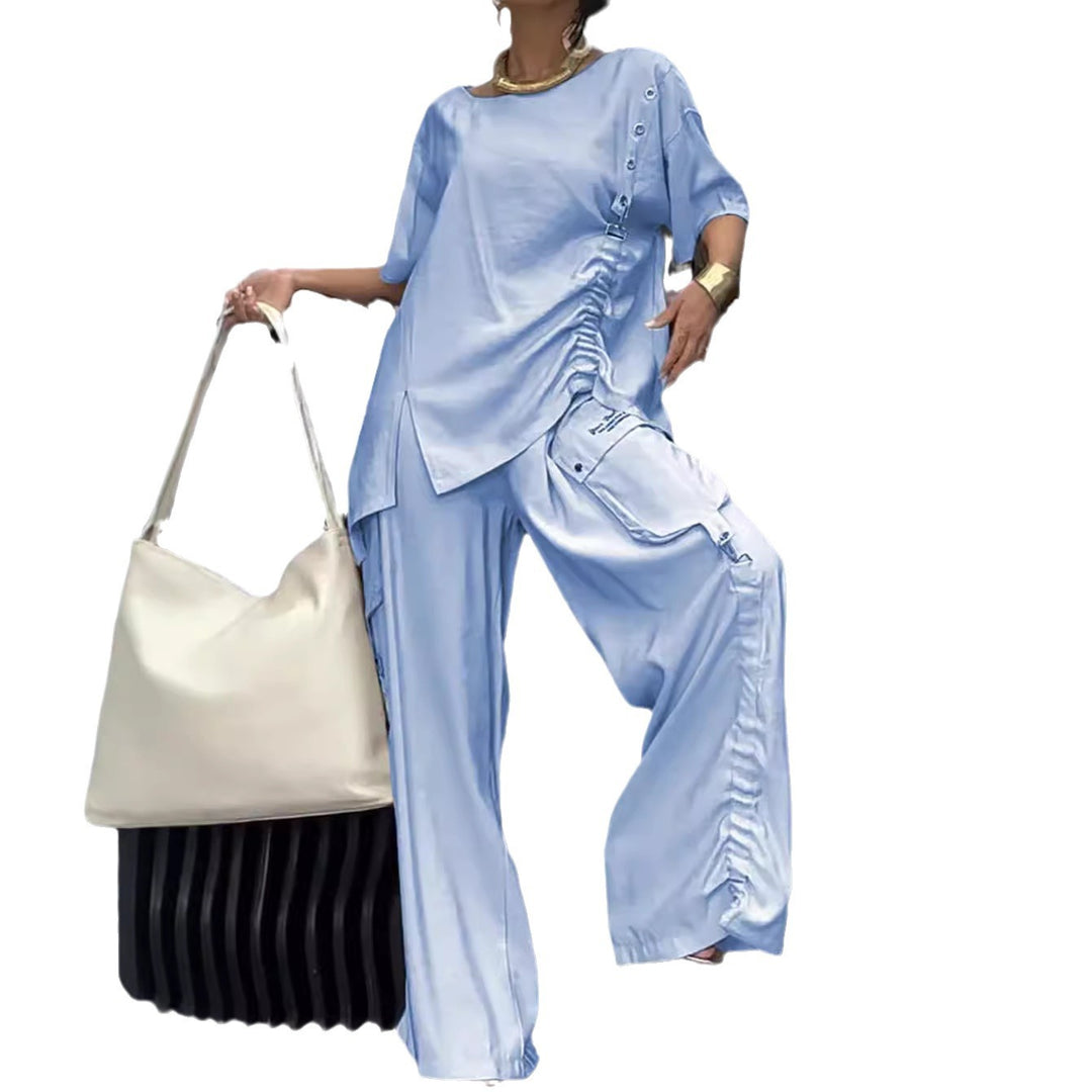 Women's nan legeres two-piece set with oversized round neck shirt, side gathering and wide cargo pants Mune Fashion