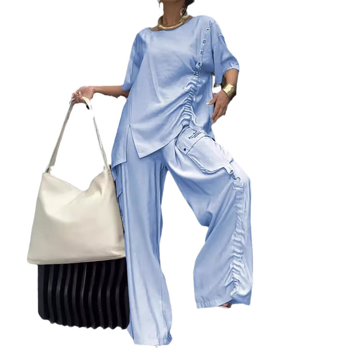 Women's nan legeres two-piece set with oversized round neck shirt, side gathering and wide cargo pants Mune Fashion