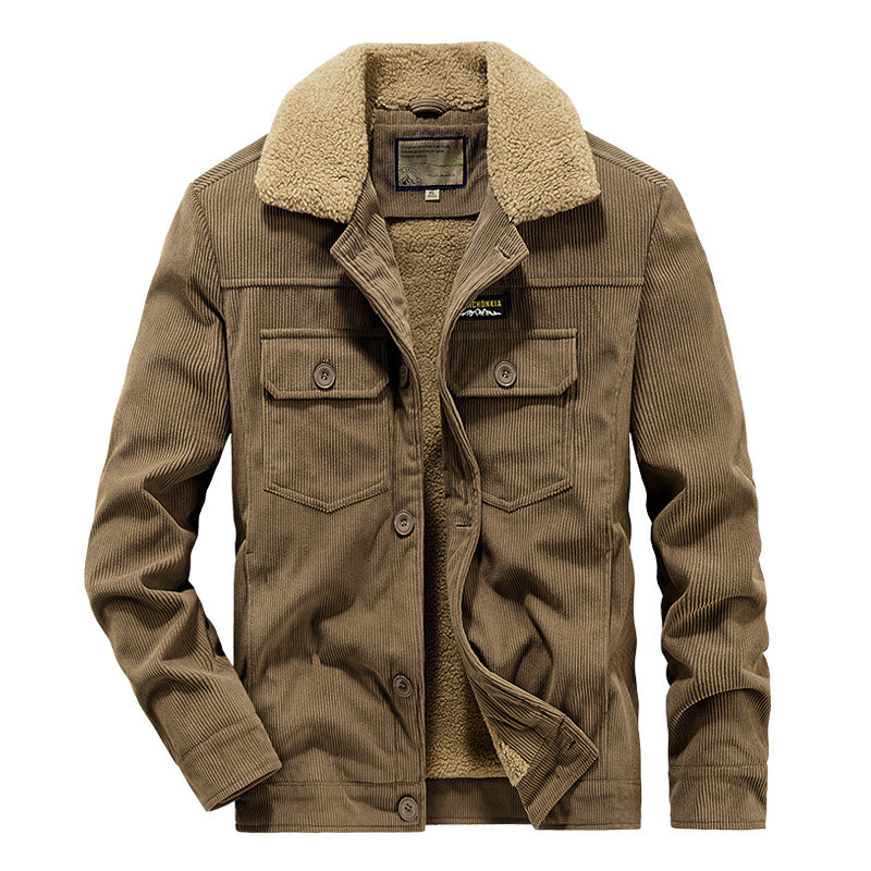 Men's Cord Worker Jacket in Trucker Style with Snap Button Closure and Flap Pockets Mune Fashion