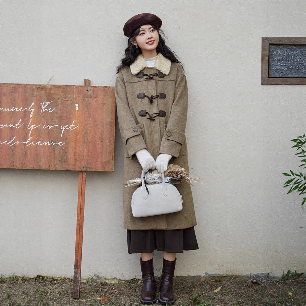 Women’s Long Duffle Coat with Teddy Collar, Toggle Fastenings and Patch Pockets Mune Fashion