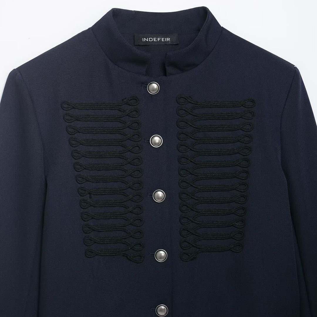 Women Short Military-Inspired Wool Blend Blazer with Stand-Up Collar and Decorative Cord Detail Mune Fashion