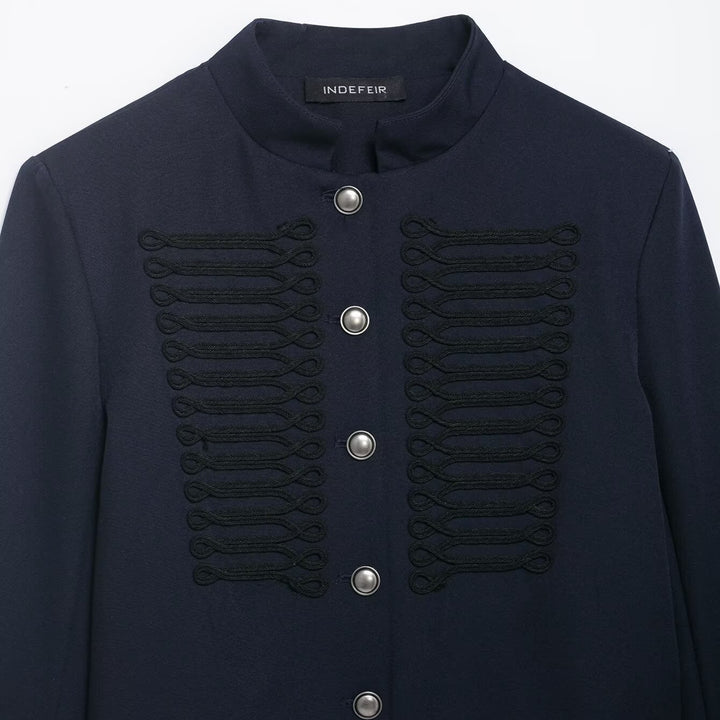 Women Short Military-Inspired Wool Blend Blazer with Stand-Up Collar and Decorative Cord Detail Mune Fashion