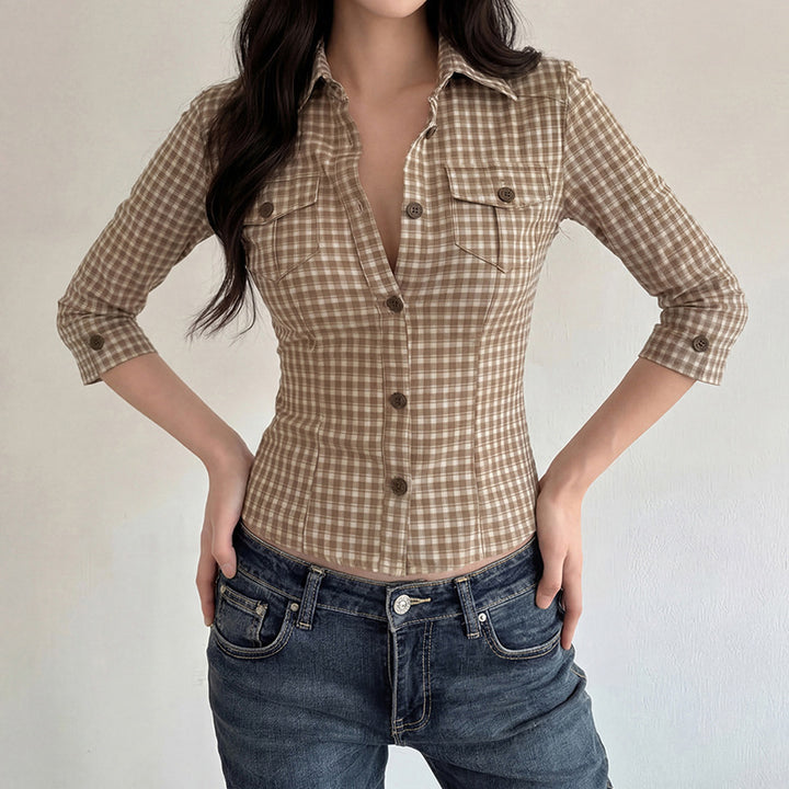 Women's Tailored Check Blouse with Chest Pockets and Three-Quarter Sleeves Mune Fashion