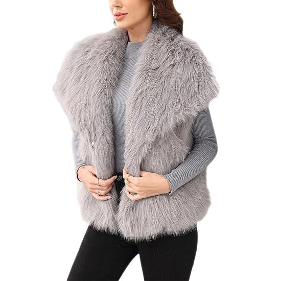 Ladies sleeveless long-pile faux fur vest with voluminous shawl collar Mune Fashion