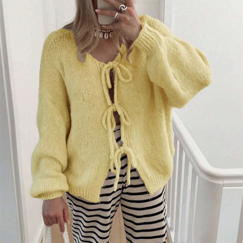 Women's Chunky Knit Open Cardigan with Ties, Oversized Silhouette and Raglan Sleeves Mune Fashion