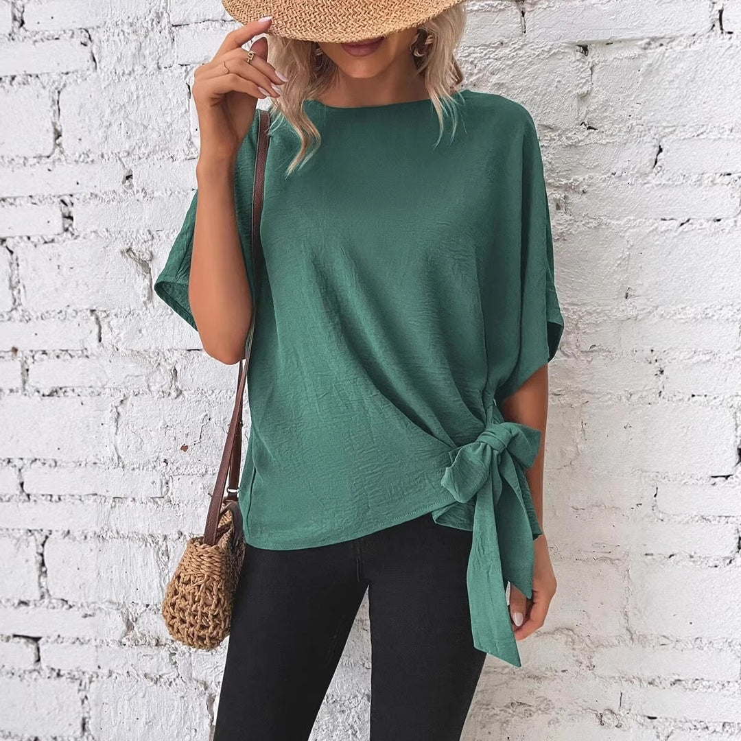 Women Oversize Short Sleeve Top with Side Bow and Crinkle Structure Mune Fashion