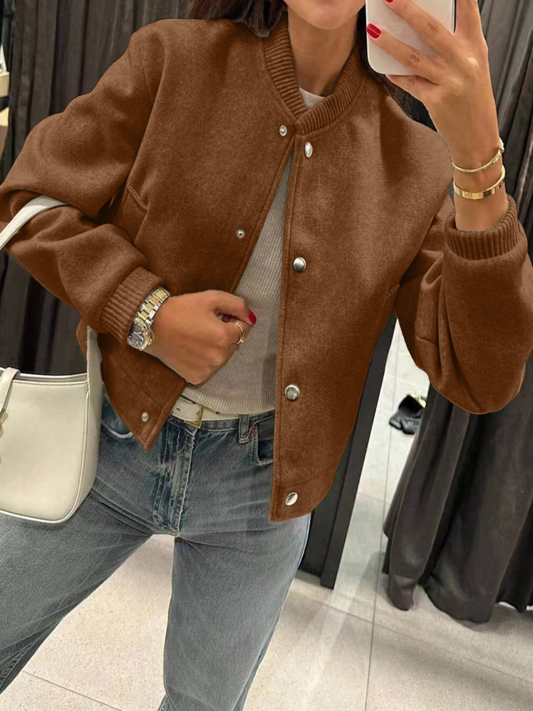 Women's short bomber-style jacket made of teddy fleece with ribbed cuffs Drune