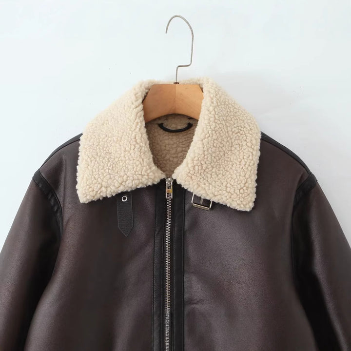 Women's Oversize Pilot Jacket made of Faux Leather with Teddy Collar and Zipper Pockets Mune Fashion
