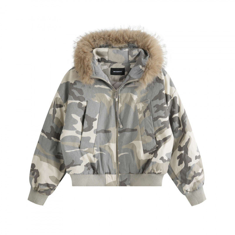 Women Short Boxy Bomber with Hood and Removable Faux Fur Trim Mune Fashion