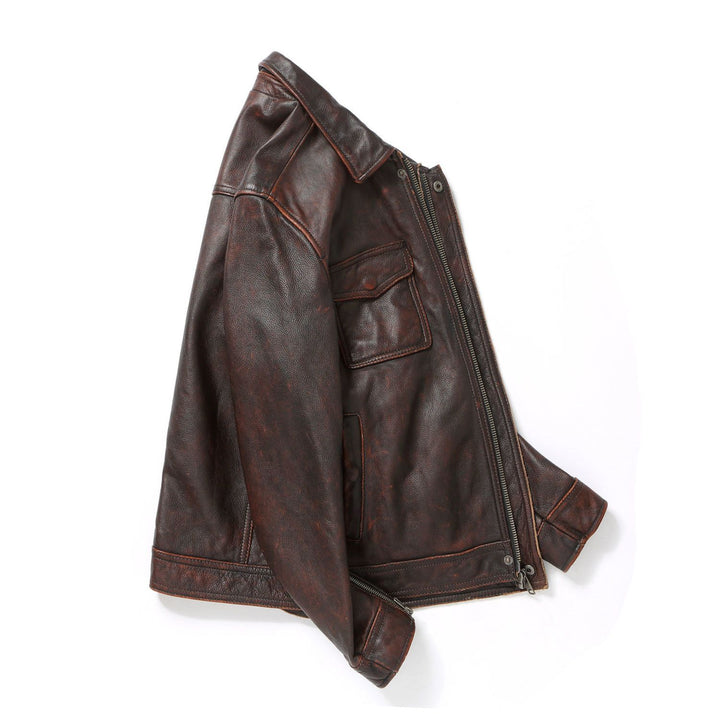 Men's leather jacket in worker style with chest pockets and continuous zipper Mune Fashion