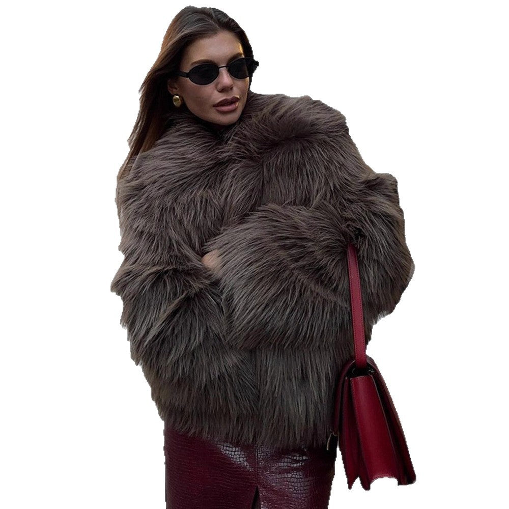 Women's Oversized Short Jacket made of Synthetic Fur in Shaggy Look with Voluminous Shawl Collar Mune Fashion