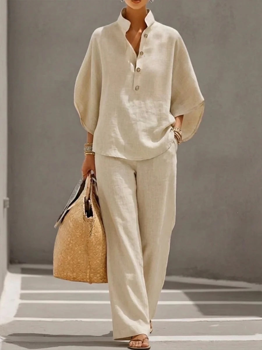 Women Lightweight Linen Loungewear Set with Stand-up Collar Button Placket and Wide Marlene Cut Mune Fashion
