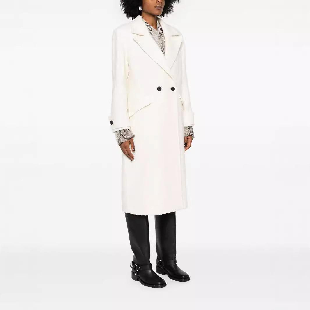 Women's Straight Cut Midi Wool Coat with Oversized Lapels and Concealed Button Placket Mune Fashion