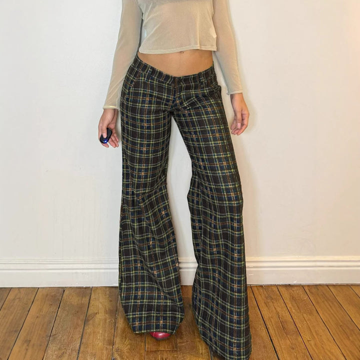 Women's Checkered Flared Trousers with Flared Leg and Tailored Waist Mune Fashion