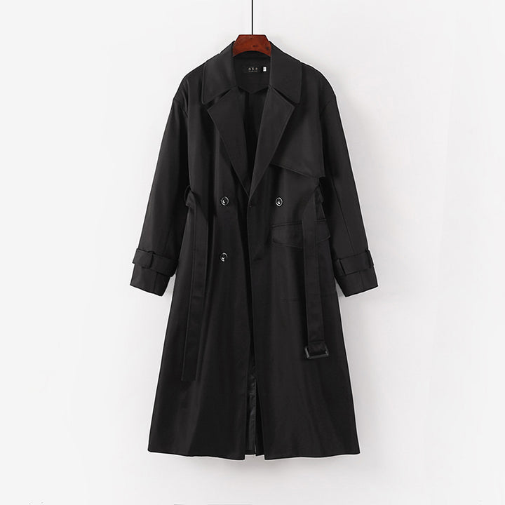 Women Longer tailored trench coat with tie belt and wide shawl collar Mune Fashion