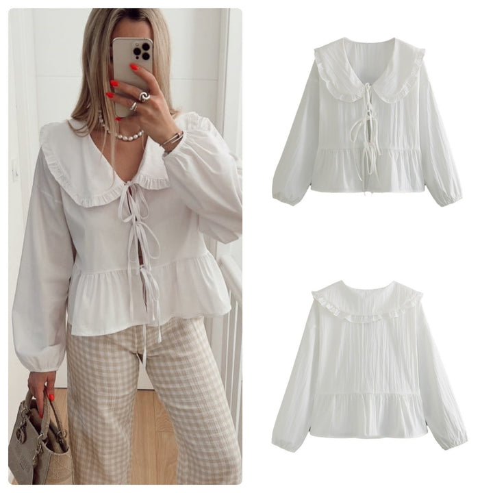 Women's Ruffle Blouse with Large Peter Pan Collar, Ties and Balloon Sleeves Mune Fashion