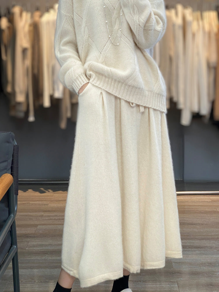 Women Mid-Length Cashmere-Look Knit Skirt with Pleats and Drawstring Mune Fashion