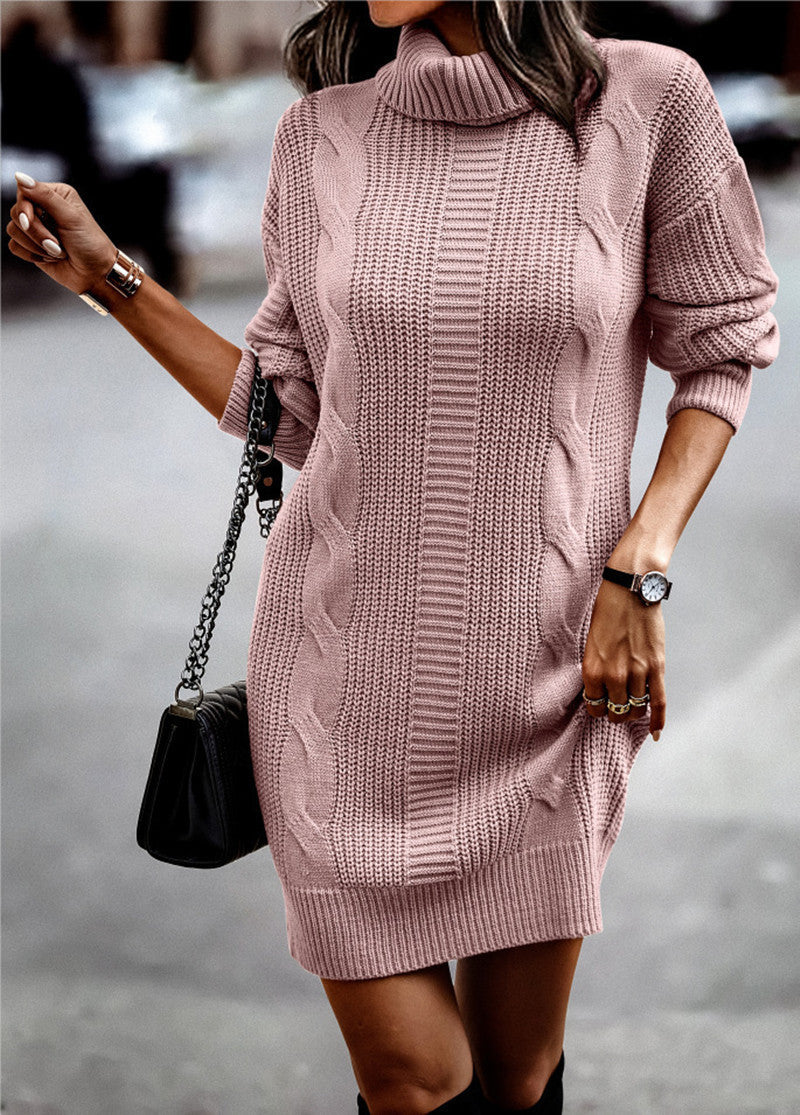 Women's cozy knitted dress with roll neck, cable pattern, and oversized silhouette Mune Fashion