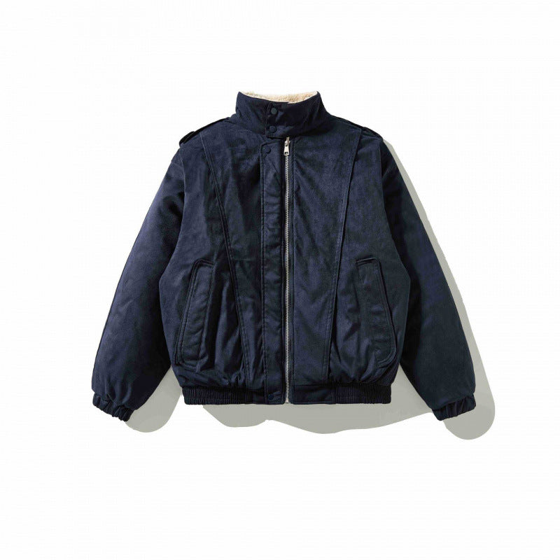 Men's Velvet Leather Look Bomber Jacket with High Stand Collar and Teddy Lining Mune Fashion
