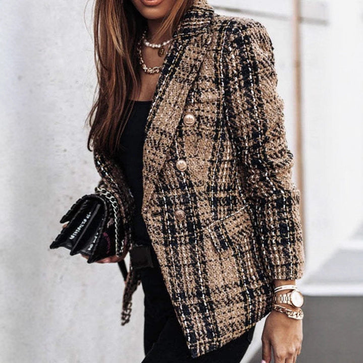 Women Boucle Tweed Blazer with Check Pattern and Double-Breasted Button Placket Drune