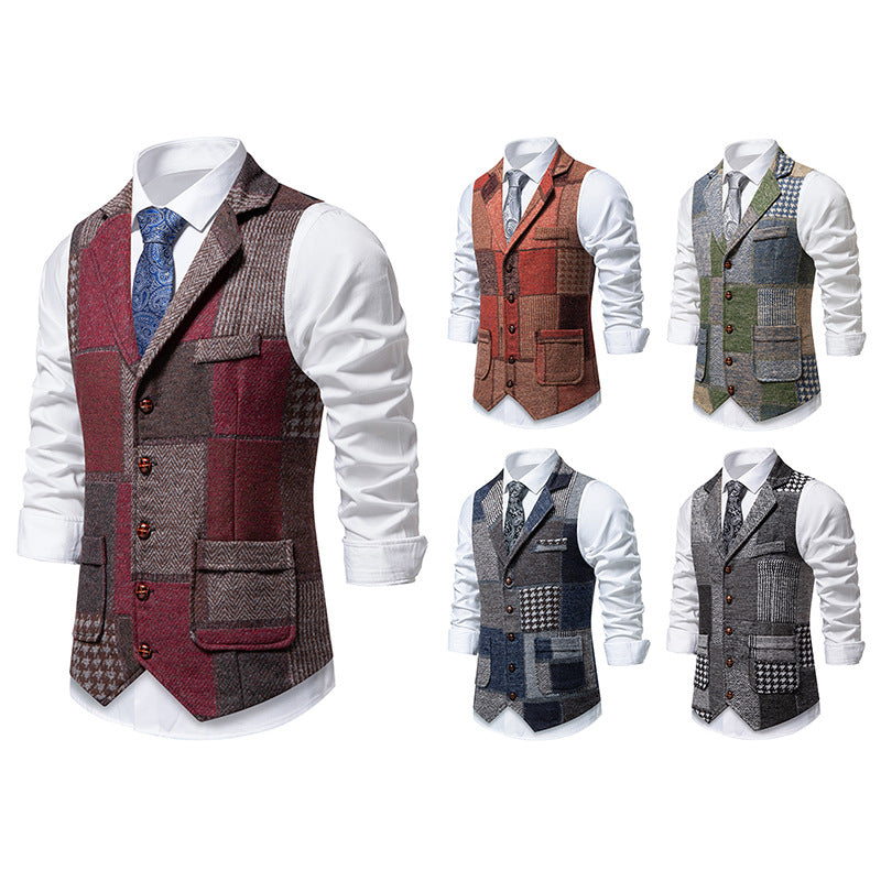 Men's nan Patchwork Vest with Notched Lapel Button Placket and Patch Pockets Mune Fashion