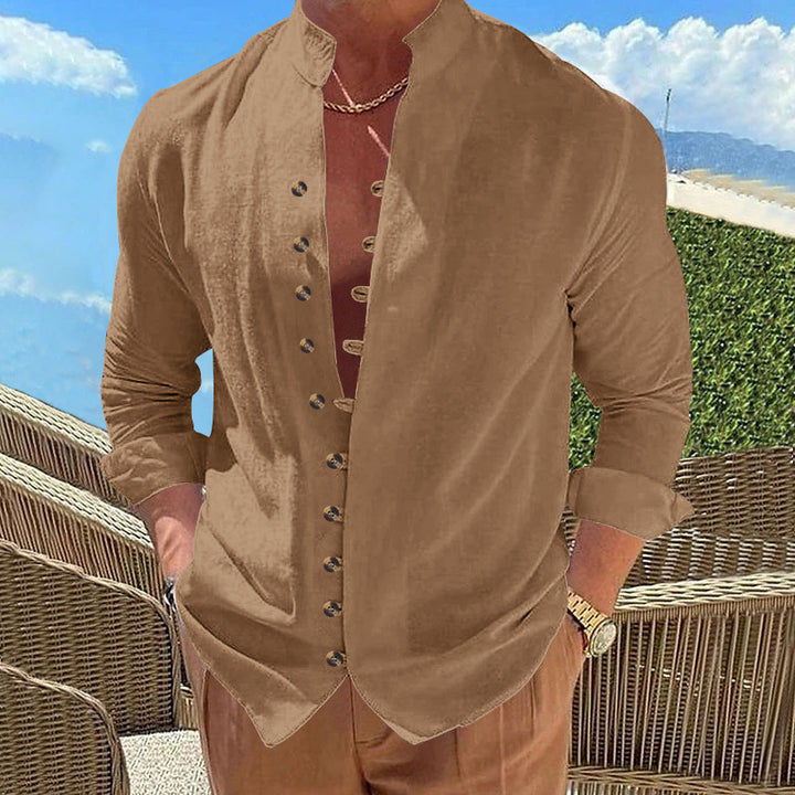 Men's long-sleeved stand-collar shirt made from a lightweight linen-viscose blend with asymmetric decorative button placket Mune Fashion