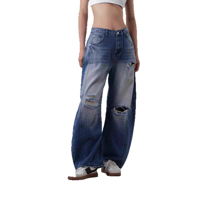 Women nan Baggy Jeans with high waistband, visible seam panels and distressed knee areas Mune Fashion