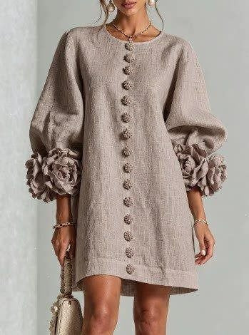 Women’s Short-Cut Linen Dress with 3D Flower Sleeves and Center Button Placket Mune Fashion
