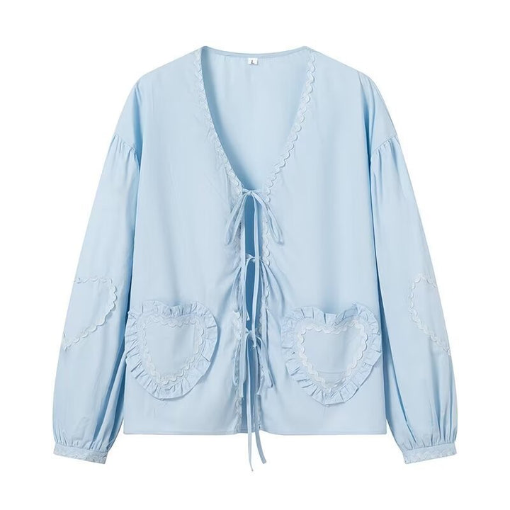 Women's Long-Sleeved V-Neck Blouse with Ties and Heart Ruffle Pockets Mune Fashion