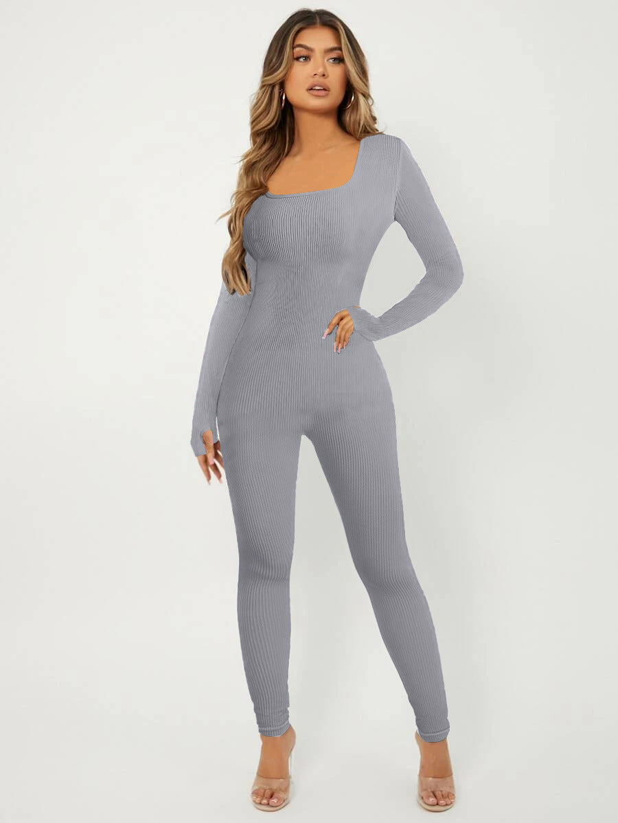 Women's Ribbed Skinny Jumpsuit with Square Neckline, Long Sleeves and Thumbhole Mune Fashion