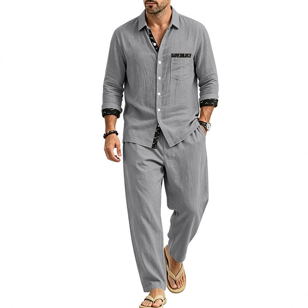 Men's Lightweight Linen Look Casual Set with Shirt and Relax Pants Mune Fashion