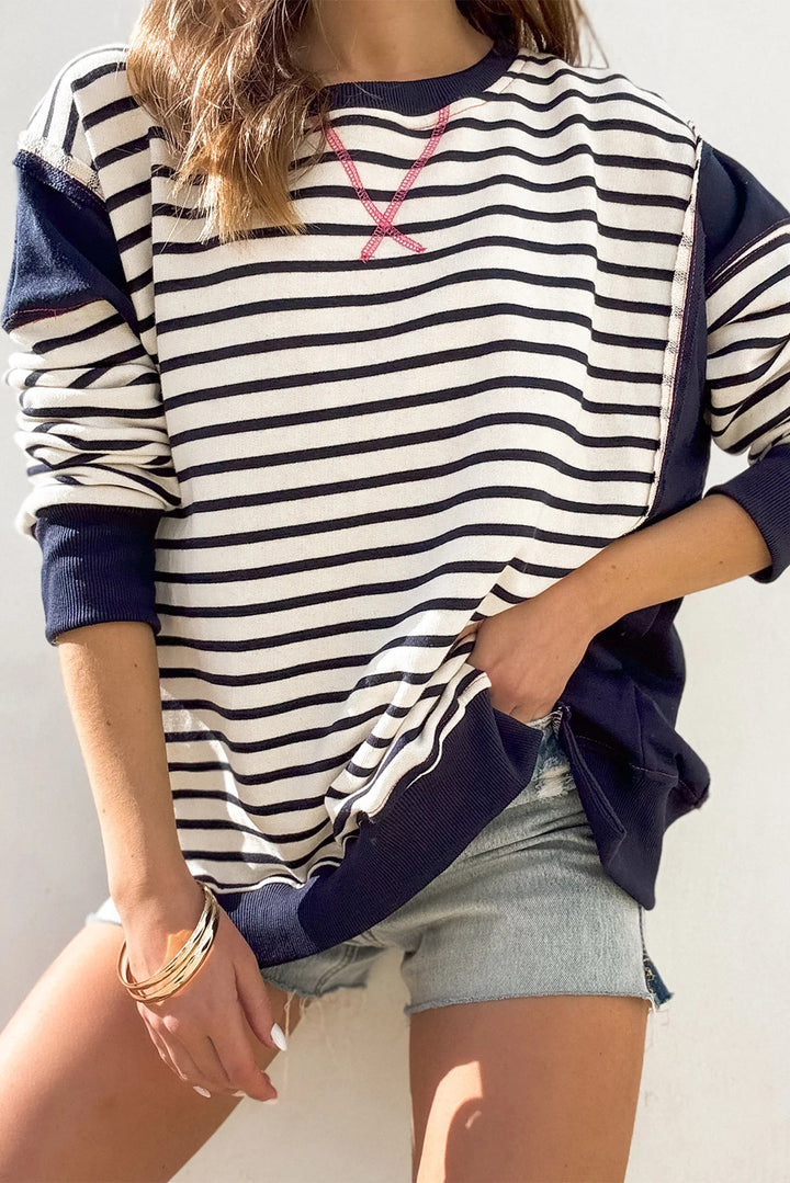 Women's oversized sweatshirt in marine look with stripes, raglan sleeves and ribbed cuffs Mune Fashion