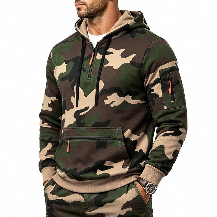 Men's Hoodie with Camouflage Pattern, Zipper Pockets and Kangaroo Pocket Mune Fashion