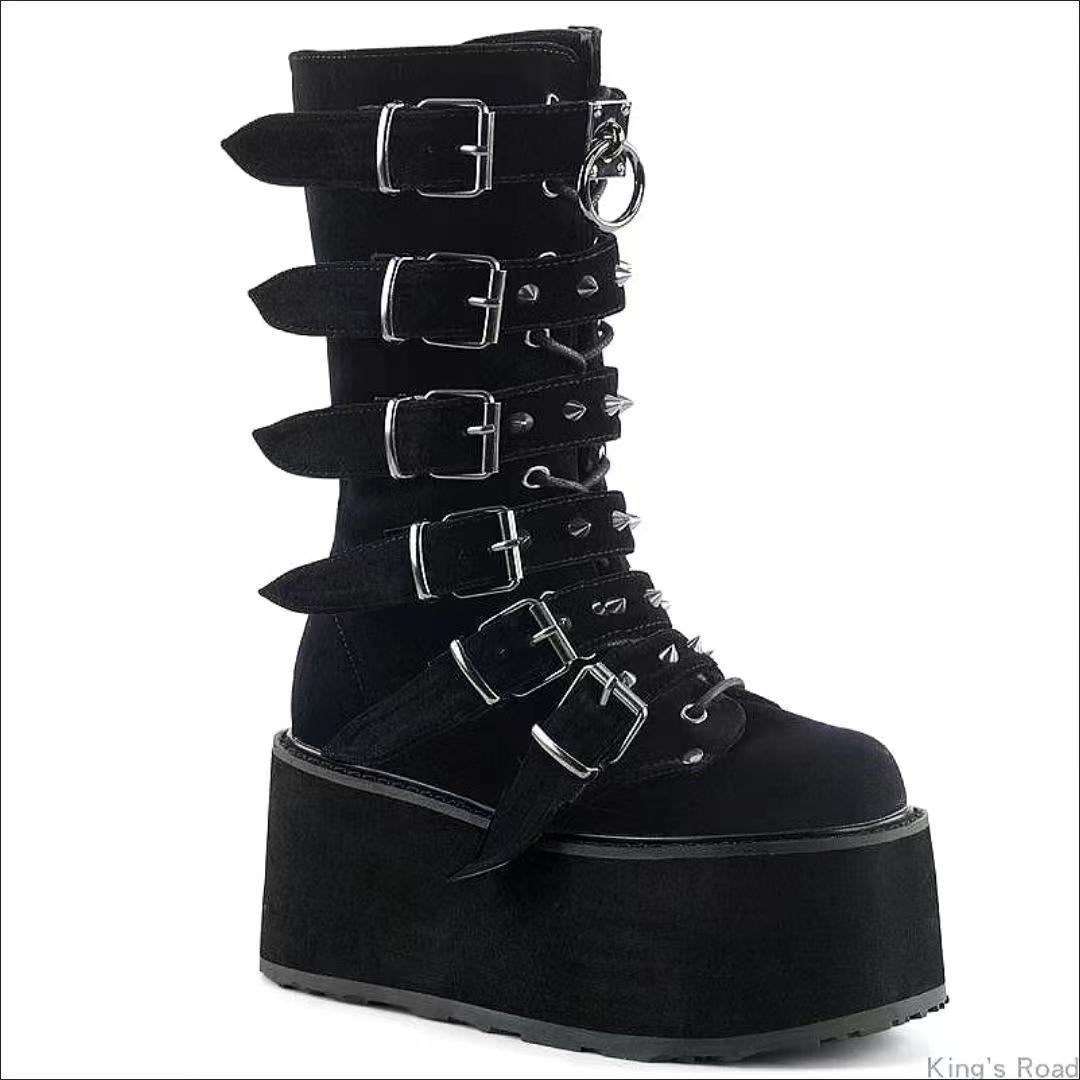 Women knee-high patent platform boots with multiple adjustable buckles and heart-shaped studs Mune Fashion