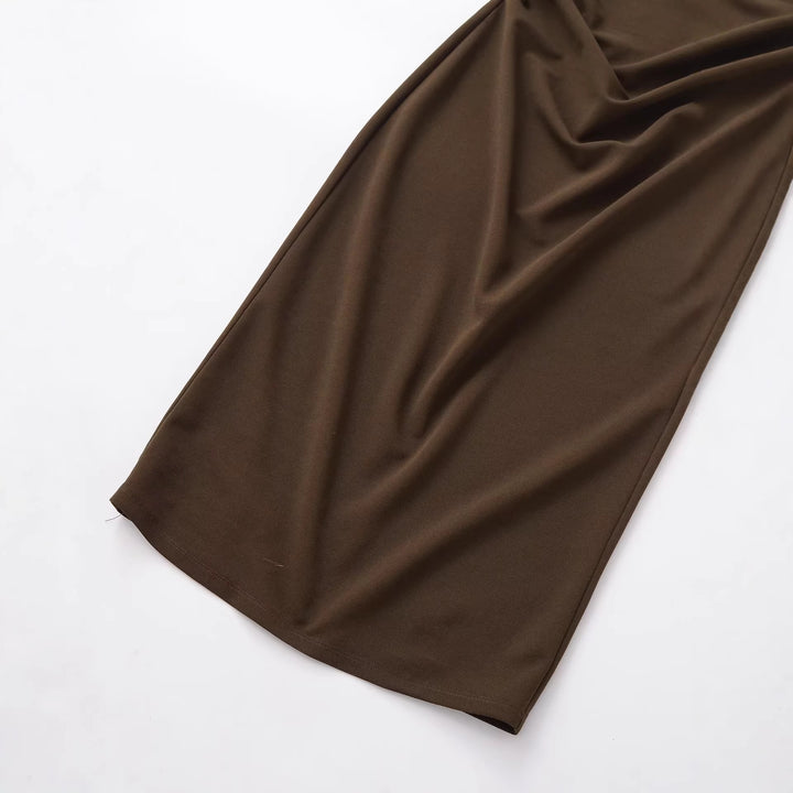 Ladies midi dress with halter neck, waterfall cowl neckline and side gathering Mune Fashion