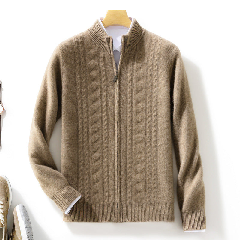 Men's zip-up knitted cardigan with cable pattern and stand-up collar Mune Fashion