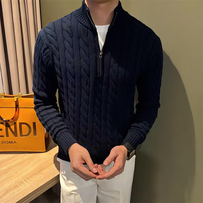 Men's Braided Knit Half-Zip Sweater with Stand-Up Collar Mune Fashion