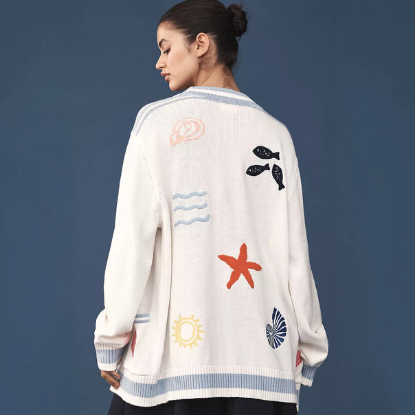 Women's Oversize Knit Cardigan with Maritime Embellishments Mune Fashion