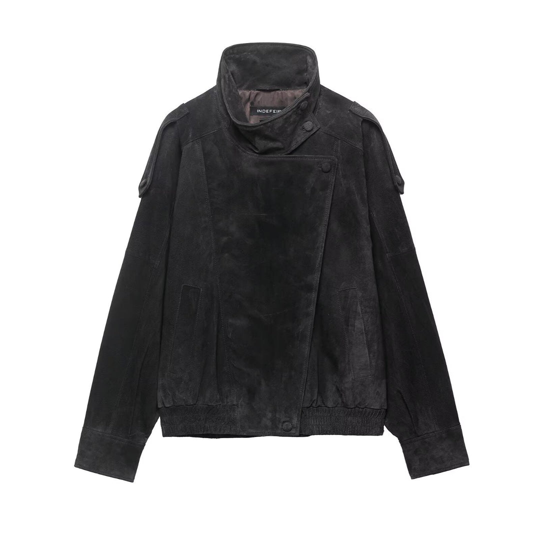 Men's suede jacket with high stand collar, asymmetrical button placket, and elastic hem Mune Fashion