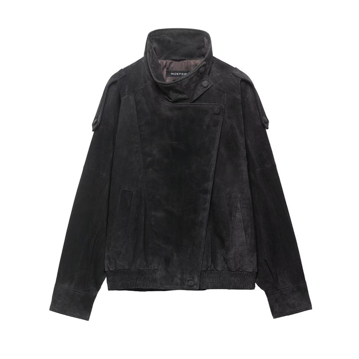 Men's suede jacket with high stand collar, asymmetrical button placket, and elastic hem Mune Fashion
