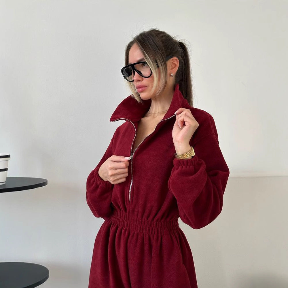 Women's cozy plush jumpsuit with half zipper and elastic waist Mune Fashion