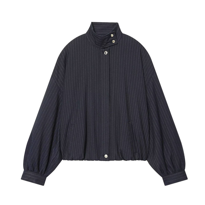 Ladies Short Pinstripe Blouson Jacket with Stand Collar, Balloon Sleeves and Elastic Hem Mune Fashion