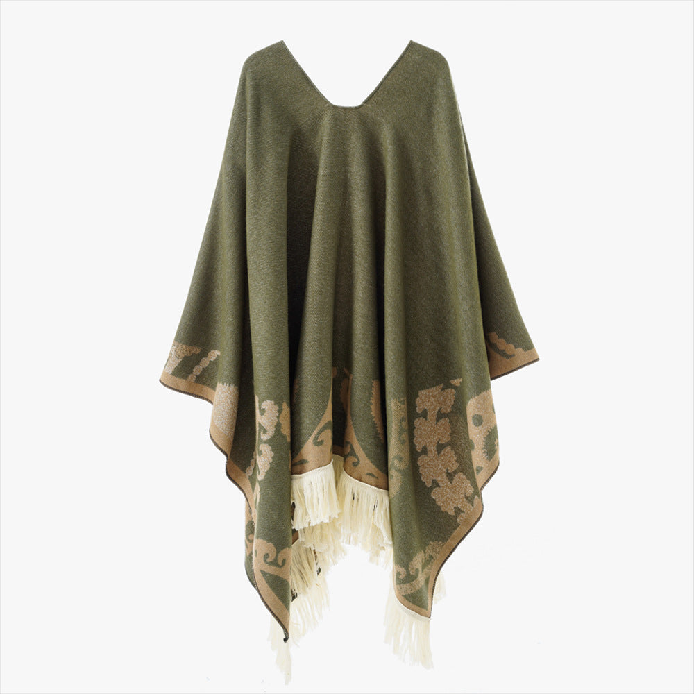 Women's wool blend medallion poncho with V-neck and fringe hem Mune Fashion