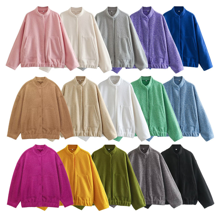 Women's Oversize Fleece Jacket with Stand-Up Collar, Patch Front Pockets, and Elastic Hem Mune Fashion